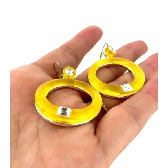 VTG Retro Yellow Frosty Resin Earrings Rhinestones Round Dangle Silver Tone - Picture 3 of 8